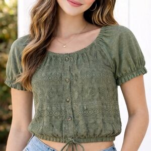 Boho Cottagecore Whimsigoth Lace Crop Top Olive Green Blouse Jrs. XL